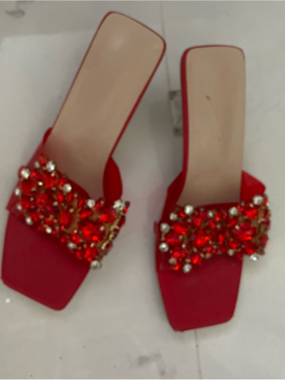 Source Unknown Red Jeweled Slide Heels